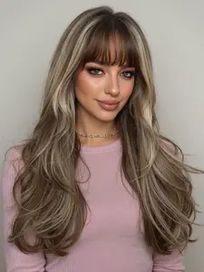 Fashionable New 24 Inch Long Wavy Brown Wigs with Bangs and Highlights, Synthetic Women's Wigs Suitable for Ordinary Work, Life, Dance Parties and All Occasions, Synthetic Hair Wigs