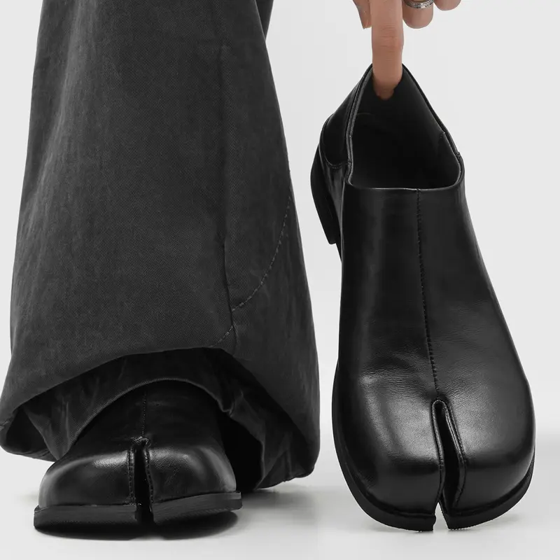 Women's Minimalist Split-Toe Ankle Boots - Glossy Leather, Low Block Heel, Side Zip Fasten, Leather Inner, Rubber Sole for All-Season Casual Wear
