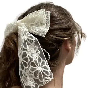 Cream lace & pearls double bow with sturdy 4” hair clip