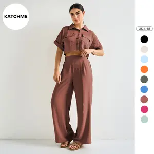 KatchMe Women's Casual Button Front Flap Pocket Blouse & Wide Leg Trousers Co-ord (2), Crop Short Sleeve Shirt & High Waist Pants Two-Piece Set