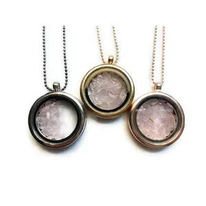 Small Chip Rose Quartz gemstone Crystal Locket Necklace in Gray, Gold, Rose Gold, Silver