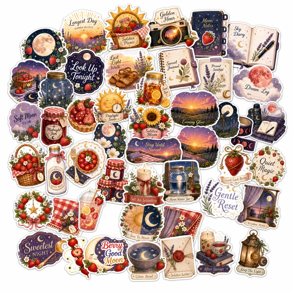Strawberry Moon Solstice Picnic Stickers - Waterproof Vinyl Decals for Scrapbooking, Journals, Bottles, 39 Different Designs for Clean Polished Look & Fun Mix-and-Match DIY Projects