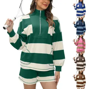 Ommig Women's Lounge Set 2 Piece Striped Long Sleeve Half Zip T-Shirt & Shorts for Summer Autumn Casual Workout Tracksuit in Breathable 100% Cotton