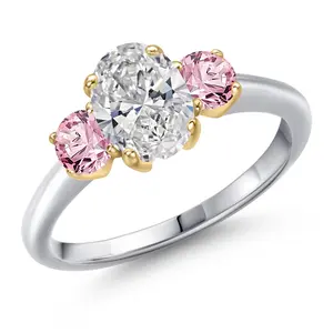 Gem Stone King 1.50cttw 10K White Gold IGI Certified Lab Grown Diamond 3-Stone Engagement Ring For Women | Center 1.00 Ct Diamond | D-E and Pink Color | VS1-VS2 Clarity