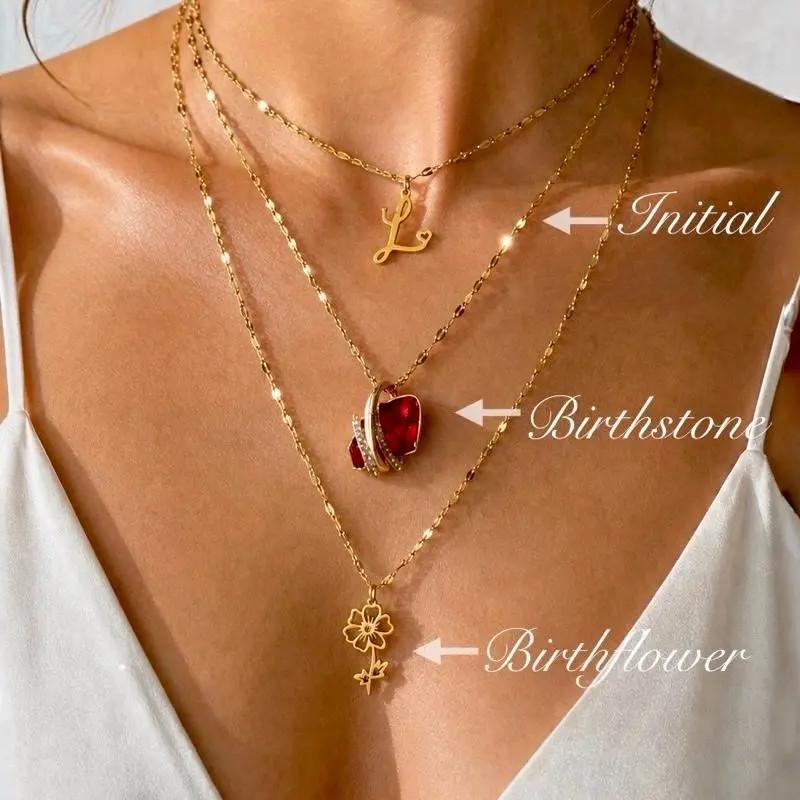 Women's 18K Gold Plated Custom Pendant Necklace - Personalized With Wish Birthstone, Birth Flower, Custom Initials - High-Quality Female Daily Chain Jewelry, Necklace Chain For Women