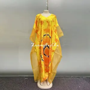 2024 New Fashion European American Loose Casual Vintage Robe Mesh African New Printed Women Dress