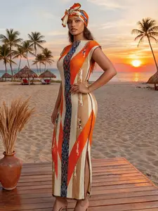 Women's Casual Slim-Fitting Sleeveless Long Dress Set, Striped Print Hooded Shawl + Scarf, Beach Sun Protection Wrap, All Seasons Casual Boho Bohemian Wear Fashion, Animal, Soft