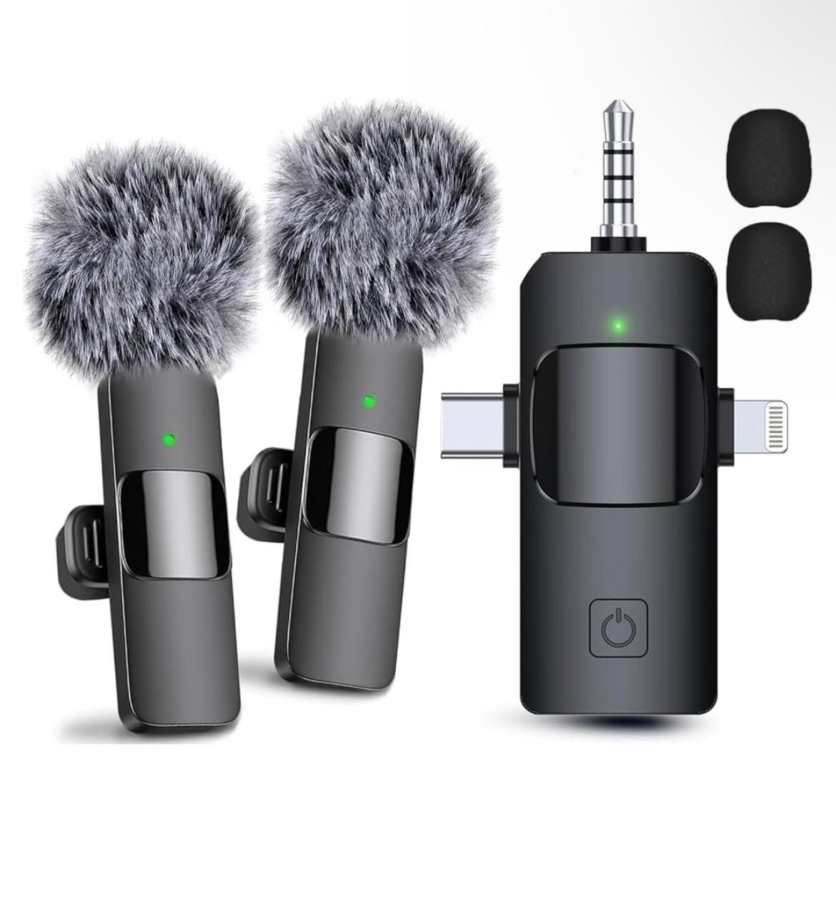 3 in 1 Wireless Microphone for iPhone, Android, Camera, USB-C Microphone, Wireless Lavalier Microphone, Mini Microphone, Noise Canceling Lapel Mic for Interview Video Podcast Vlog