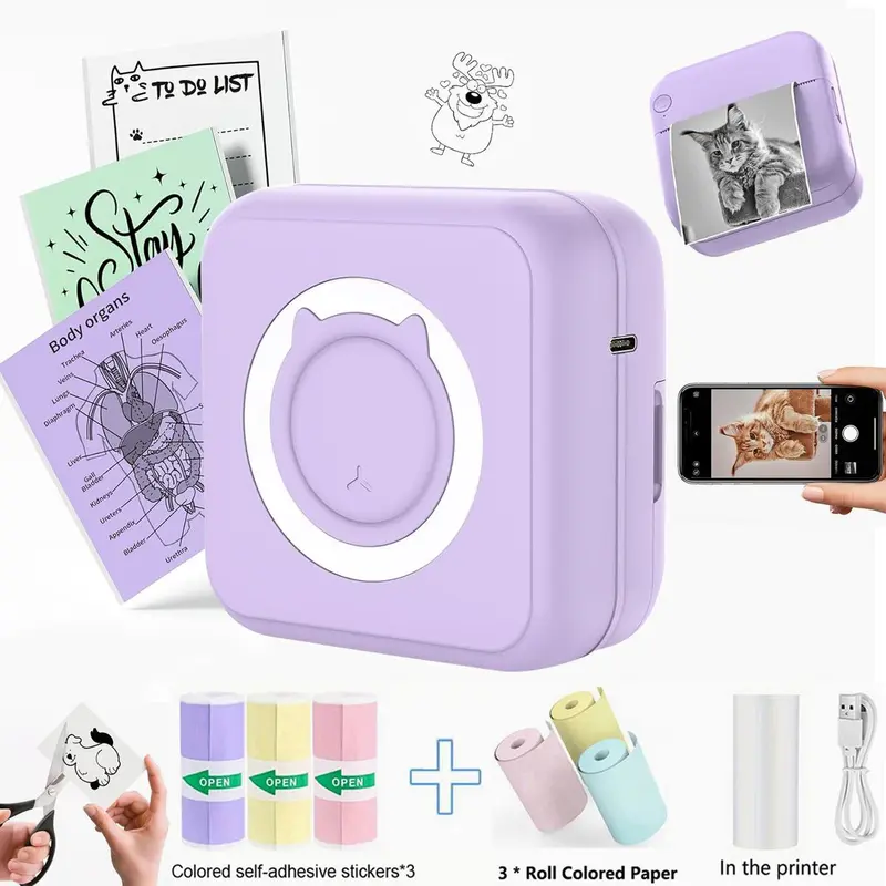 Portable Mini Sticker Printer, Portable Handheld Printer, 1 Count USB Rechargeable Wireless Inkless Thermal Pocket Printer with 6 Rolls Thermal Paper & Sticker, Portable Receipt Printer for Photo Journal Notes Memo