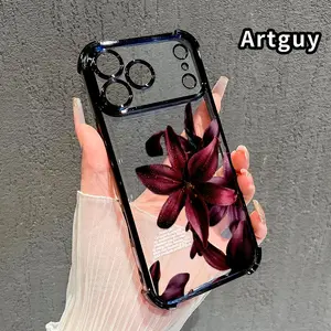 Dew - kissed Lilies' Rhapsody Pattern Four Corner Anti-Fall Phone Case Transparent Electroplated Protective Cover for iPhone 17 Pro Max Air 16 15 Plus 14 13 12 11 E