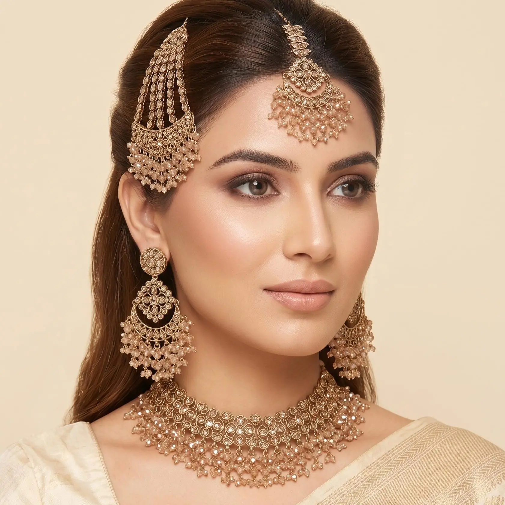 Zoya Indian Polki Necklace set with Earrings, Maang Tikka And Jhumar - Champagne Color Premium 4 pcs set