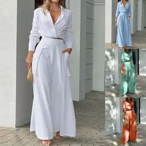 2025 European & American women’s clothing casual solid-color short/long-sleeve shirt + high-waisted wide-leg pants two-piece set (gamis)