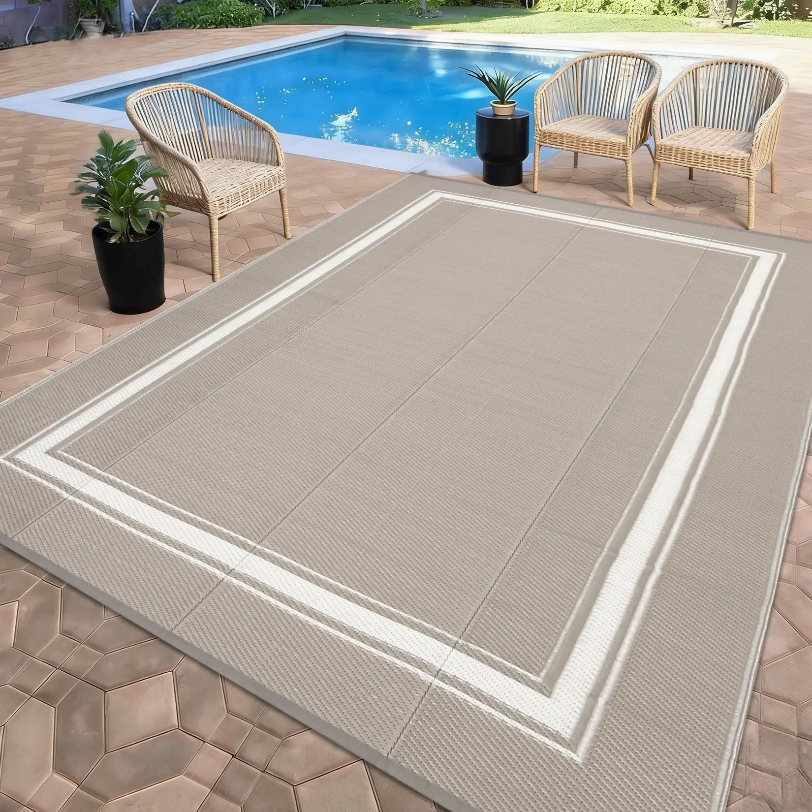 Reversible UV & Weather Resistant Outdoor Area Rug  - Waterproof Plastic Patio Carpet  - Easy to Clean Modern Deck Mat, Floor Mat, Outdoor Rug