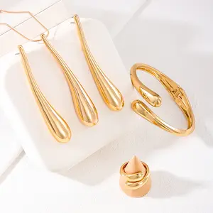 5PCS Long Water Drop Jewelry Set - Elegant Metal Tassel Necklace Earrings Ring & Bracelet for Women - Alloy Material