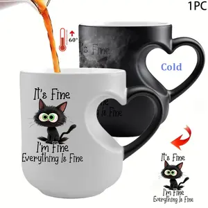 1pc Magic Color-Changing Mug, Funny Accent Mug - It's Fine, I'm Fine, Everything Is Fine, Funny Black Cat Design Thermosensitive Ceramic Cup Changes Color When Hot Drinks Are Added, Hand Wash Only, Reusable Gift for, Tea, Coffee, 11oz 325ml