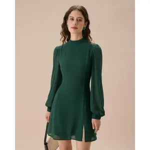 RIHOAS Women's Green Polyester Stand Collar Puff Long Sleeve Comfortable Chic Casual Fit Sheer Slim-Waisted Slit Mini Dress,summervibes