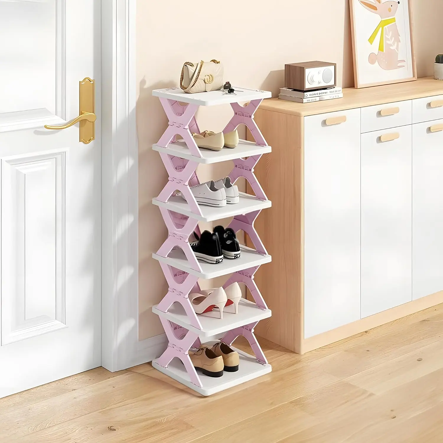 HUYFGDYSA 6 Tier Kids Shoe Rack, Collapsible Shoe Rack for Kids' Rooms, Foldable Vertical Shoe Organizer for Front Door Entrance, Compact Shoe Storage Shelf for Narrow Spaces (Purple-X), Vertical Rack