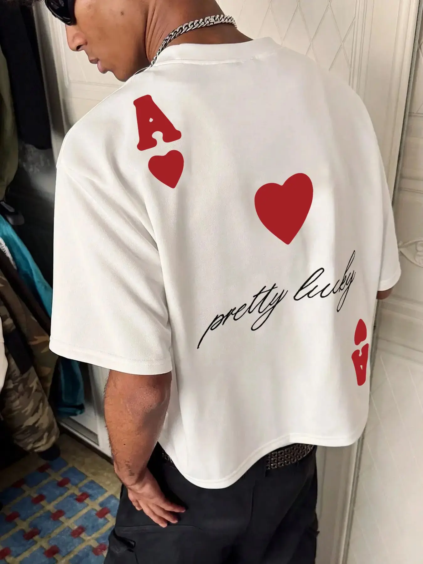 Men's Vintage Streetwear Cotton Soft Round Neck Ace of Hearts Graphic-Print Short-Sleeve Loose Crop T-Shirt, Suitable for Daily Casual Wear, Shortsleeve, Unisex, Fabric, Classic
