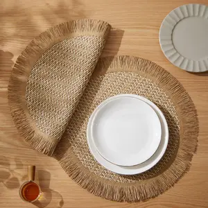Round Rattan Woven Placemat, 4 Counts/set Boho Style Placemat, Table Mat for Home Kitchen Dining Room, Kitchen Decorative Placemat, Table Decoration Supplies, Coasters