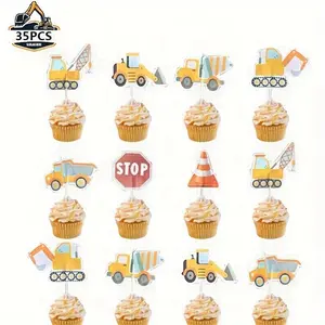 35pcs Set of Construction-Themed Cupacke Toppers Decorations, Including Cupcake and Muffin Toppers, Perfect for Parties, Pizza, and Ice Cream Dessert Tables, As Well As Birthday Celebrations