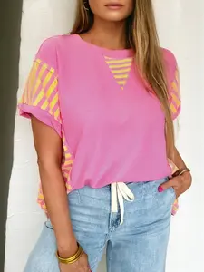 Waffle Textured Contrast Striped Patchwork Loose T Shirt, The Relaxed Fit Style Is Loved By Different Body Shapes.
