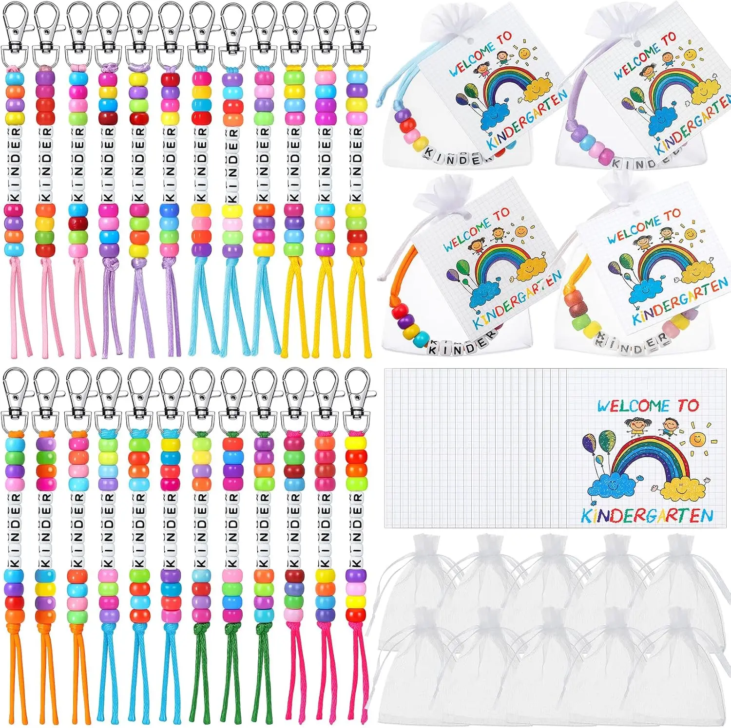 24 Packs Back to School Gifts for Student Kinder Themed Keychains Set for First Day of School Gift with Tags and Organza Bags for Kindergarten Classroom Reward Party Goodie Bag Stuffers