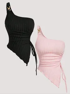 Women's Fashion Off-Shoulder Short Top, Polyester Knit Asymmetrical Shoulder Blouse, Casual Home Wear Two-Piece Set, All Seasons