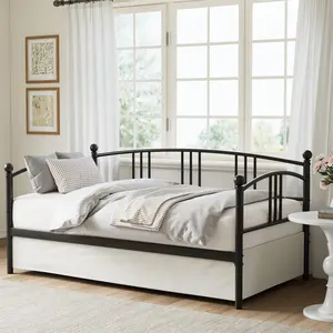 Modern Twin Metal Daybed Arched Headboard Guest Bed Steel Slats No Box Spring Black king size frame full