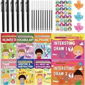 Magic Grooved Writing Practice, grooved Handwriting Practice for  8 Books,  workbook for Ages 3-10 with 6 Magic pens 10 Ink Refills, 3 Pencil Grips for  Handwriting