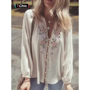 Women's Floral Embroidery Notched Neck Blouse, Boho Bishop Sleeve Top for Daily Holiday Vacation Wear, Ladies Clothes for All Seasons, Boho Style Shirt