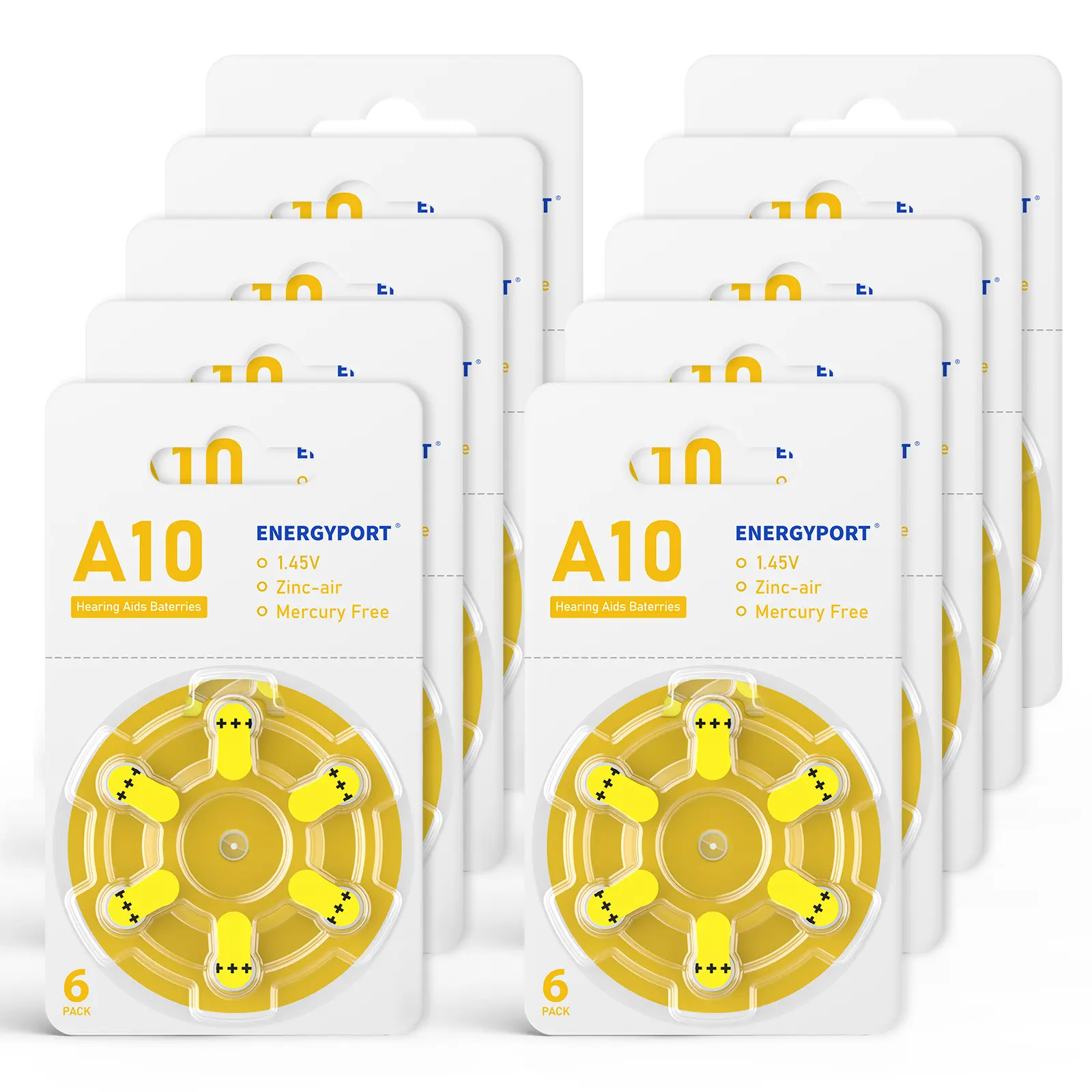ENERGYPORT 60 Count Extra Hearing aid Batteries Size 10, A10 Long-Lasting Mercury-Free 1.45V Zinc-Air Yellow Tab Button Coin Cell