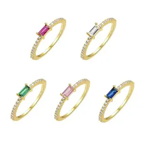 Gilded Grace Dainty Baguette Birthstone Ring, 18K Gold Plated Stackable Emerald Cut CZ Promise Ring for Women, Mothers Day Gift