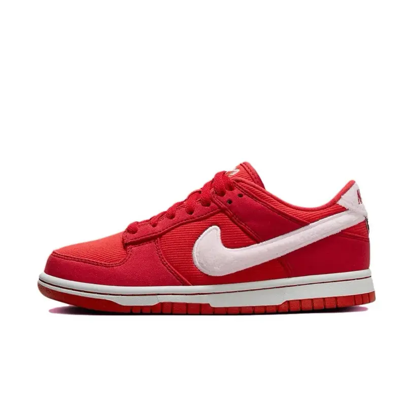 Nike Dunk Low Valentine’s Day Youth-Women’s Red Pink Athletic Trainer, Flat Sneakers, Sports Shoes, Daily Casual Walking Shoes, Daily Wear, Rubber, True-To-Size, Heart Accents, Female/Youth, Crisp White Base, Reliable Rubber Outsole