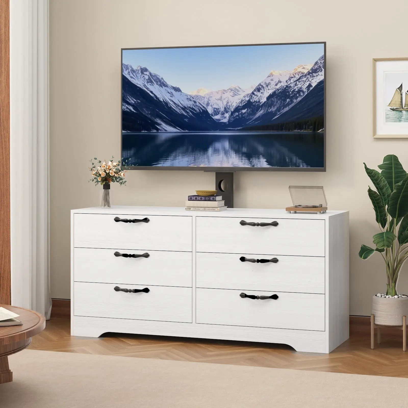 GARVEE 47.2" Modern TV Stand with Mount for 75 Inch TVs - Adjustable Height Media Console with 6 Drawers, Sturdy MDF Entertainment Center for Living Room, Bedroom & Office