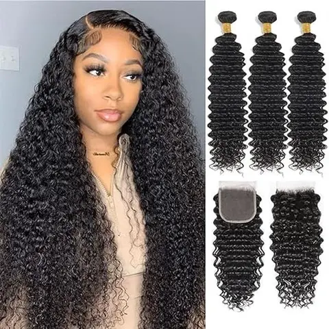 ROYAL IMPRESSION Unisex 12A 100% Unprocessed Brazilian Virgin Hair Bundles, 3-Piece 22/24/26in Deep Wave Set With 4*4 Lace 20in Closure, Natural Color Raw Wave Print Human Hair Extensions & Pieces