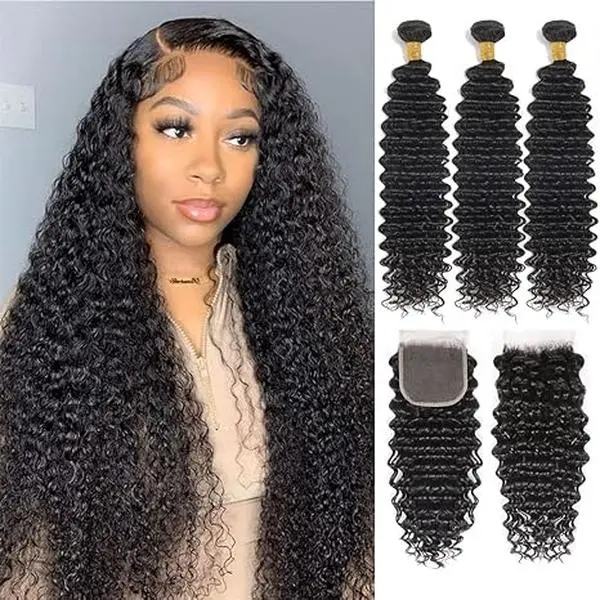 summervibes 12A Human Hair Bundles 3 Bundles With 4*4 Lace Closure 22 24 26+20"Closure Deep wave Bundles Human Hair Raw human hair bundles 100% Unprocessed Brazilian Virgin Deep Wave Human Hair Weave Bundles with Closure Natural Color