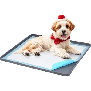 Pee Pad Holder for Dogs, Dog and Puppy Pee Pads Holder, 24"x24" Non-Slip & Leak-Proof & Portable Silicone Mat with Raised Edge Design, Square Puppy Potty Training Tray for Home Floor Protection(Grey)