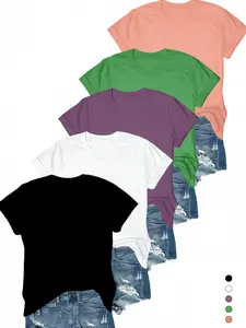 5-piece women's Korean casual fashion loose fit top, trendy and versatile, youthful and beautiful, simple solid color pullover, round neck, short sleeved T-shirt base shirt