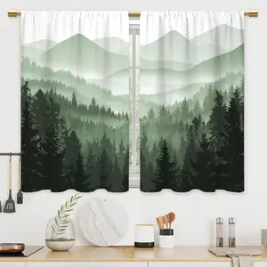 Light Filtering Green Misty Forest Curtains, 2 Panels 27.5x39 Inch Rod Pocket Curtains for Kitchen and Woodland Nature Bathroom, Light Filtering Curtains