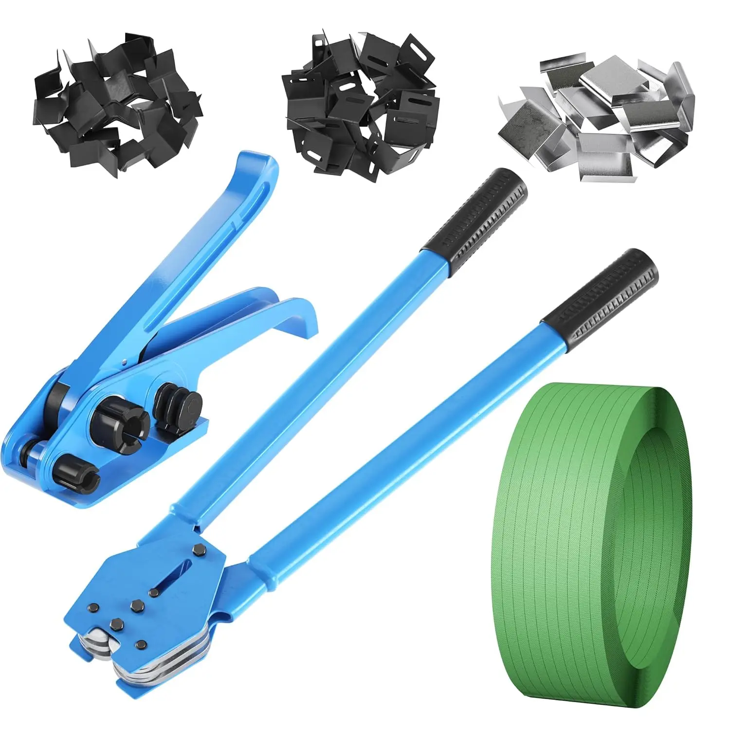 Industrial Pallet Strapping Kit with Tensioner Tool, Sealer, 5/8" x 885' PET Strapping, 200 Corner Pieces, 200 Metal Seals, Strapping Kit With 885 Feet