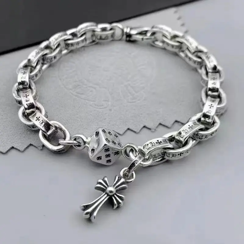 Vintage Silver Cross Alloy Bracelet Hip-Hop Niche Design Vintage Color Distressed Thai Silver Personalized Dice Pendant Chain New Product