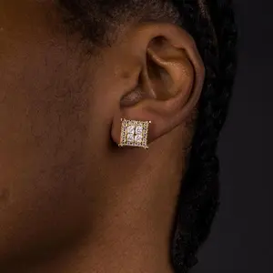 hip-hop three-dimensional square zircon thread earrings for men&women