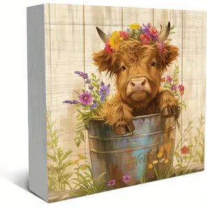 Farmhouse Floral Baby Highland Cow Wood Box Sign Desk Decor, Rustic Cottagecore Wildflower Western Cow Nursery Theme Wooden Block Box Sign Decoration for Home Shelf Table 5x5 inch