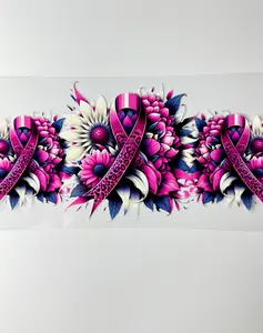 C86- Pink Cancer Ribbon with leopard print, and white/black/Pink flowers 16OZ UV DTF Transfer Wrap/Sticker for Cup/Tumbler
