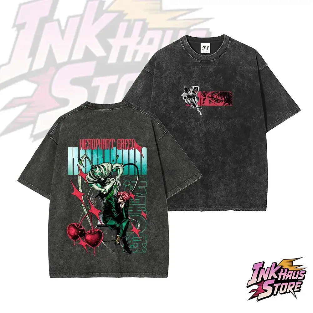 Men's Short-Sleeve Anime Character Graphic T-Shirt - Oversized JoJo's Bizarre Adventure Kakyoin & Hierophant Green Mineral Wash Cotton Streetwear Top for Anime Addicts, Casual Menswear, All Seasons
