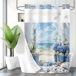 LVRLVR 1pc Coastal Style Beach Hydrangea Seashell Pattern Polyester Double Layer Lined Shower Curtain 70.874 Inches/180188cm