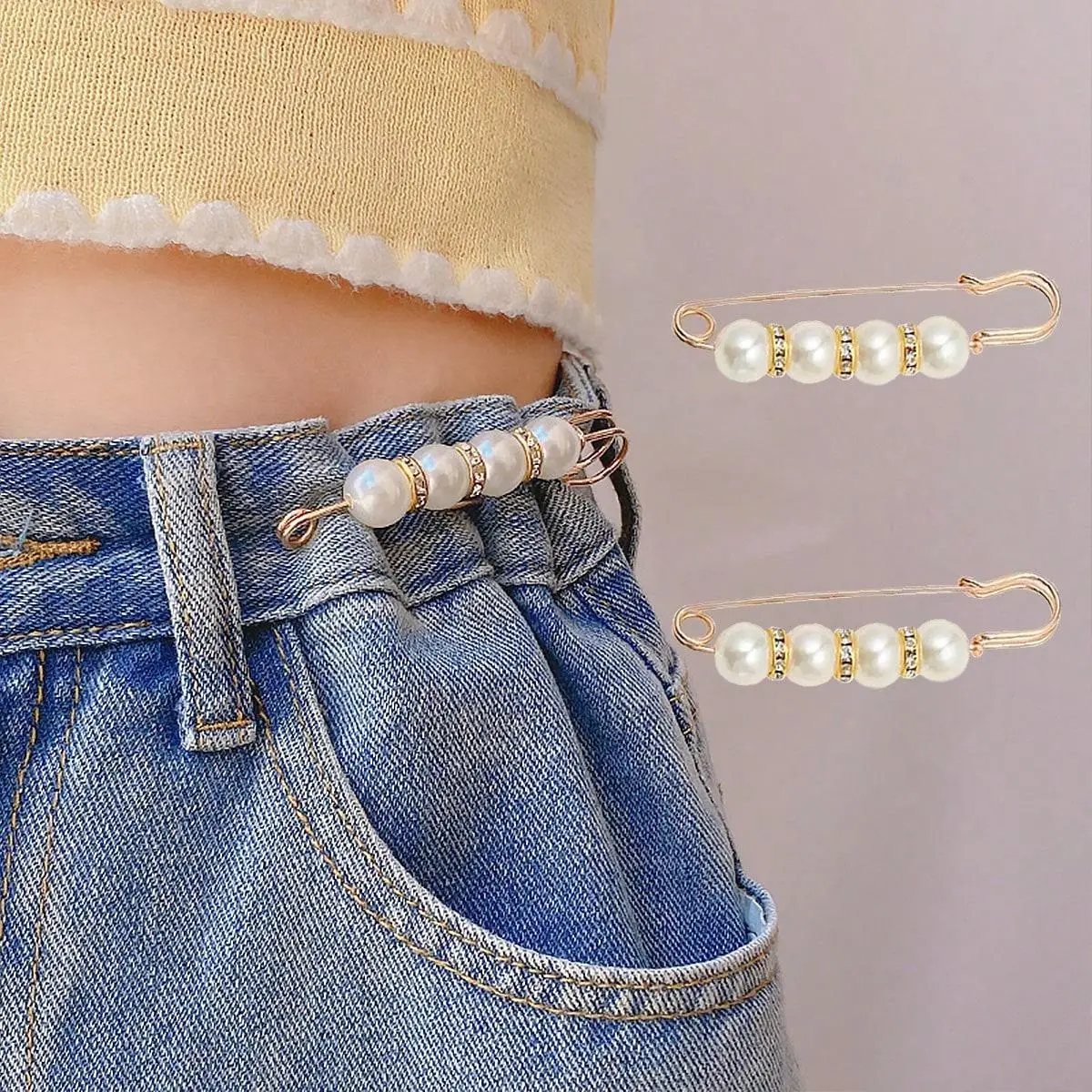 Faux Pearl Decorated Waist Pin (2pcs), Fashionable Waist Fixer, Waistband Fixer, Artificial Pearl Waist Cinch Pin, Sewing Accessories for Jeans & Skir