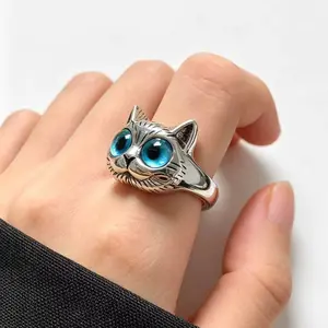 Women's Cute Cat Ring, Adjustable Open Statement Ring with Blue Eyes, Retro Silver Plated Animal Jewelry for Daily Wear toe