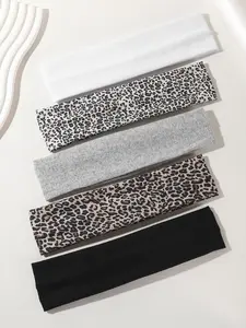 5pcs Women's Leopard Print Hair Bands, Soft Elastic Durable Sports Yoga Running Spa Hair Accessories, Unisex Fashion Sweat Absorbing Headbands, Training Headband