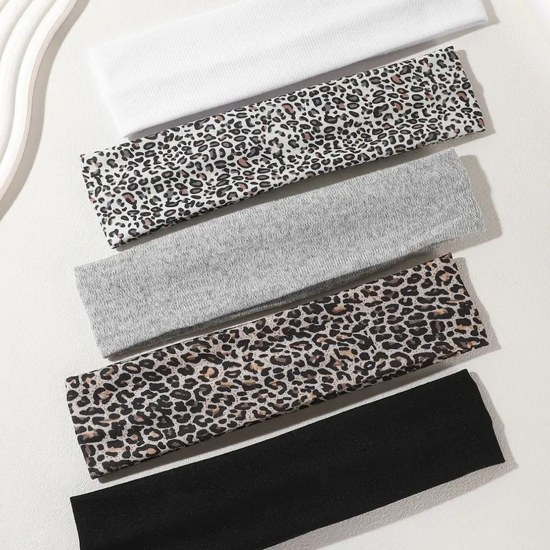【Black Friday】5pcs Women's Leopard Print Striped Headbands, Soft Elastic Durable Sports Hair Bands for Yoga, Running & Spa, Unisex Fashion Hair Accessories